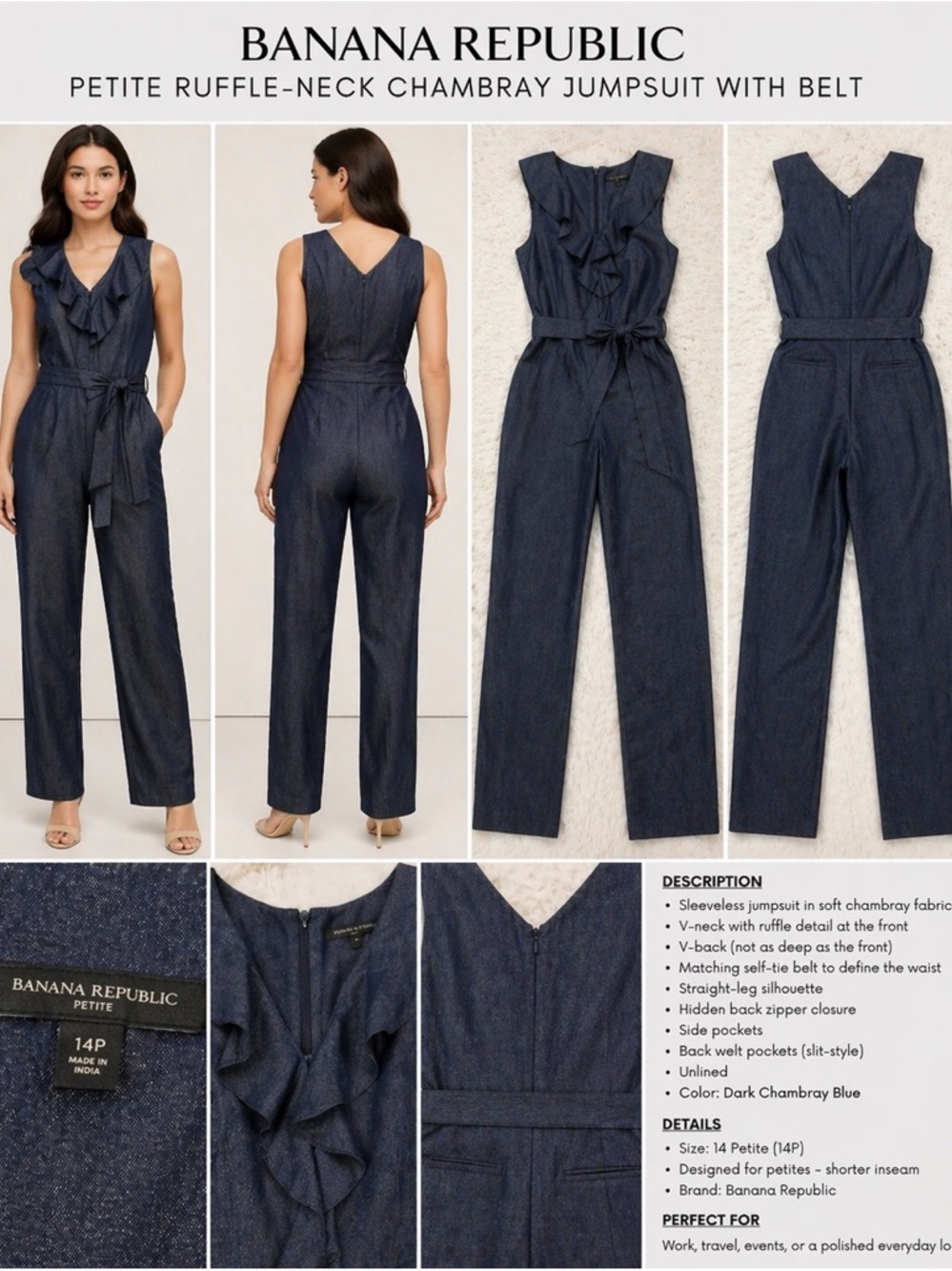 Banana Republic Dark Chambray Blue Ruffle-Neck Sleeveless Jumpsuit